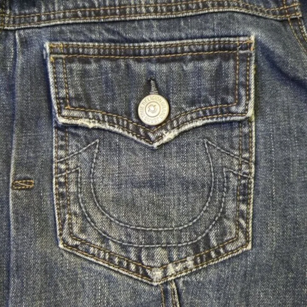 True Religion Mens Dylan Distressed Denim Trucker Jacket 2X Outerwear Streetwear